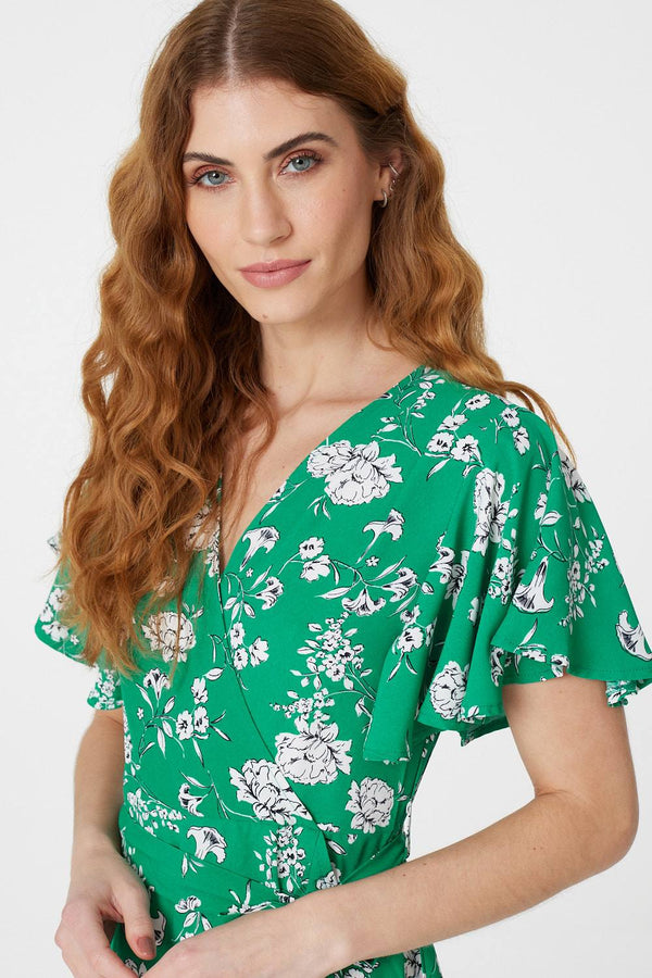 Green | Floral Angel Sleeve Wrap Dress
