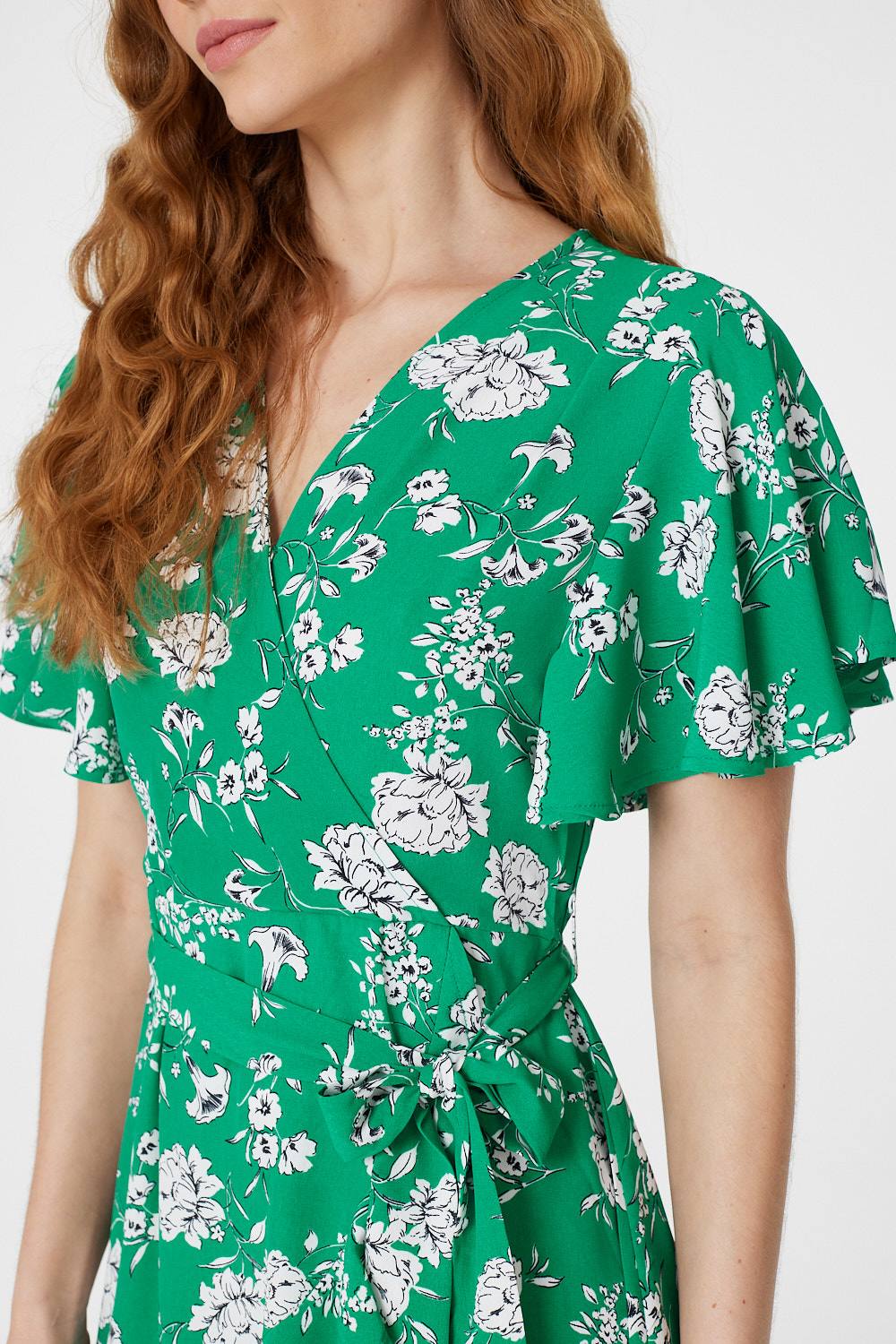 Green | Floral Angel Sleeve Wrap Dress
