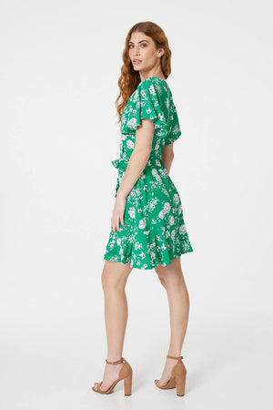 Green | Floral Angel Sleeve Wrap Dress