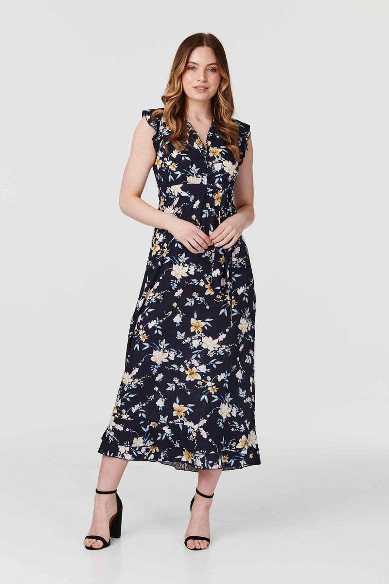 Navy | Tropical Print Sleeveless Maxi Dress