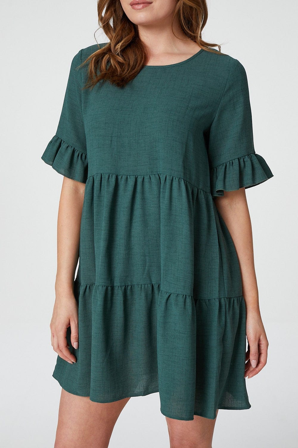 Green | Frilled Sleeve Tiered Smock Dress