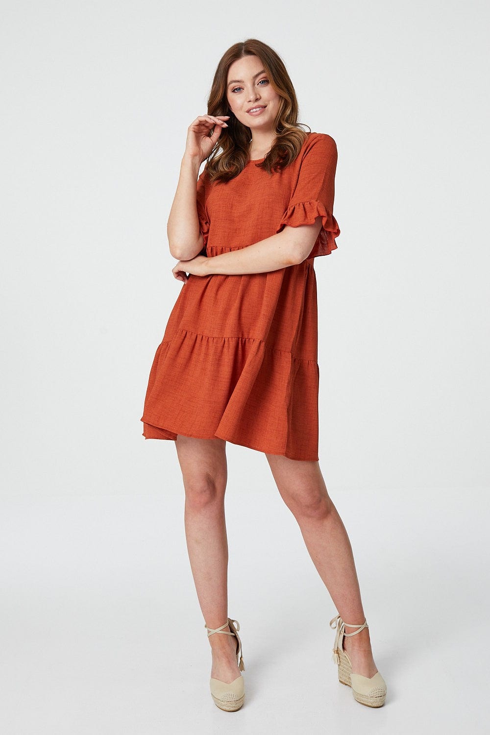 Rust | Frilled Sleeve Tiered Smock Dress