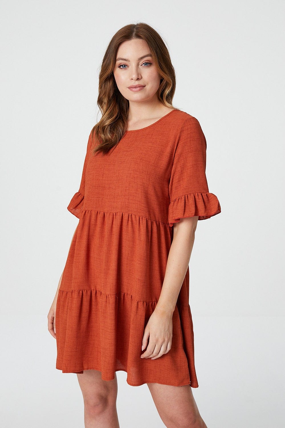 Rust | Frilled Sleeve Tiered Smock Dress