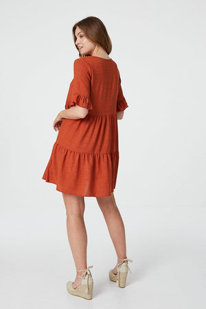 Rust | Frilled Sleeve Tiered Smock Dress