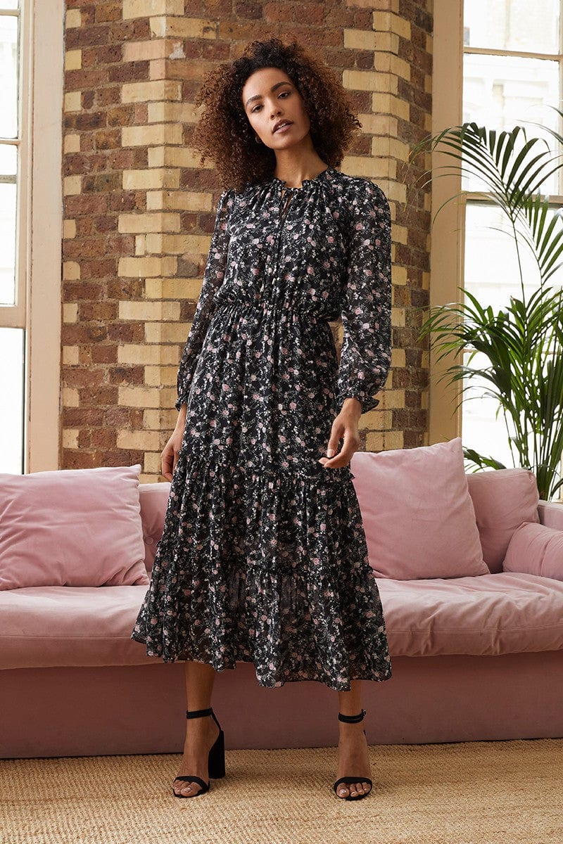 Black | Floral Long Sleeve Midi Dress
