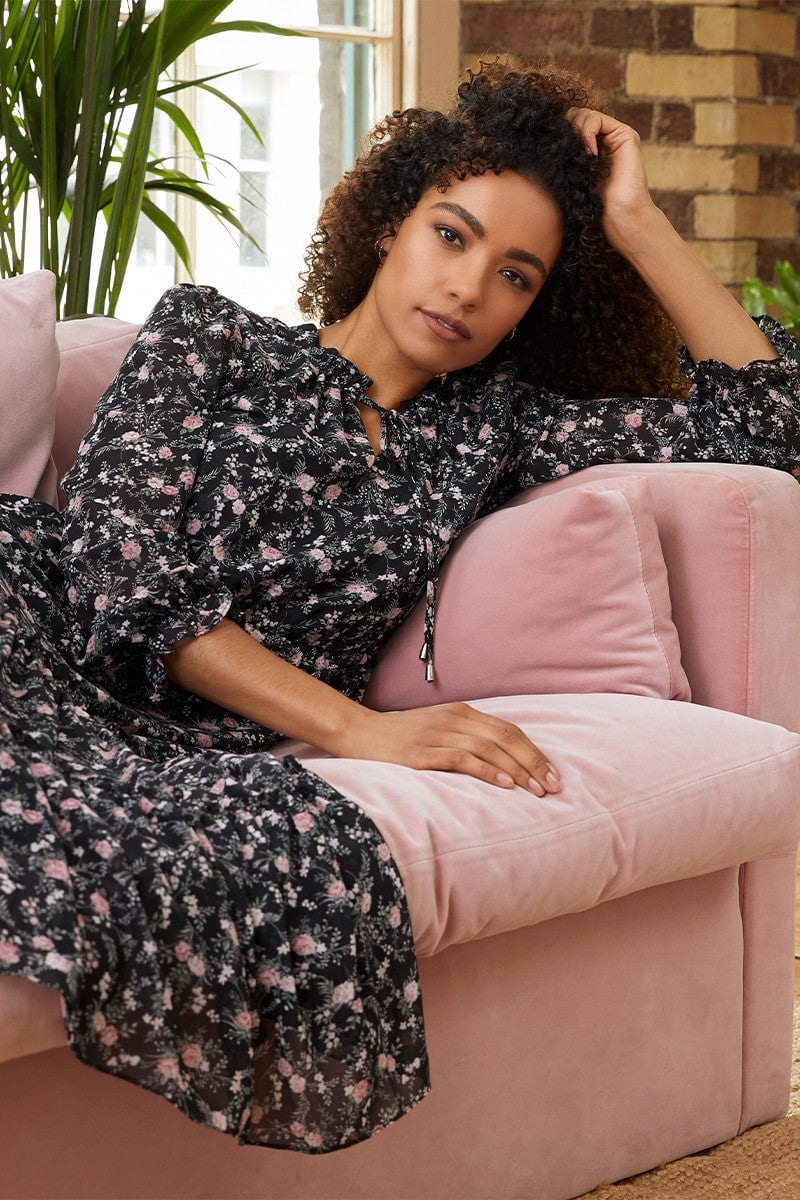 Black | Floral Long Sleeve Midi Dress