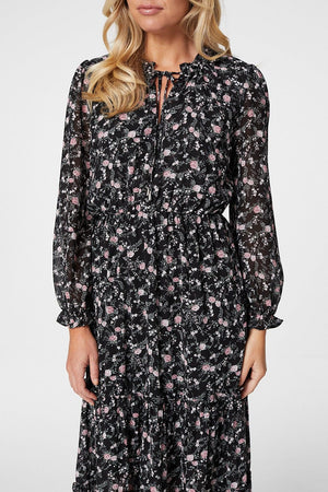Black | Floral Long Sleeve Midi Dress