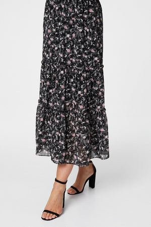 Black | Floral Long Sleeve Midi Dress
