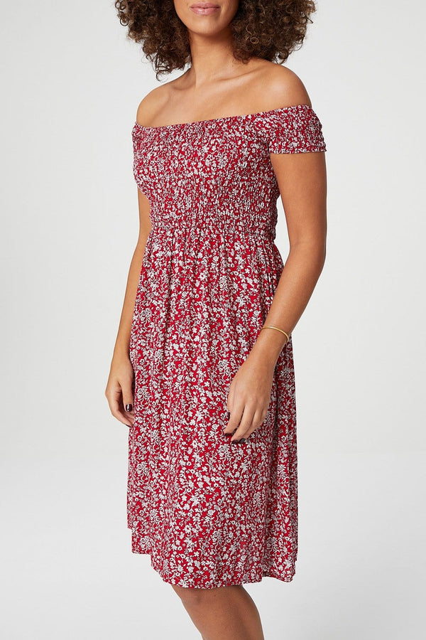 Red | Ditsy Floral Off The Shoulder Dress