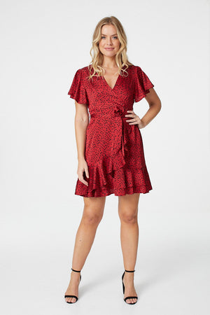 Red | Polka Dot Frilled Wrap Mini Dress