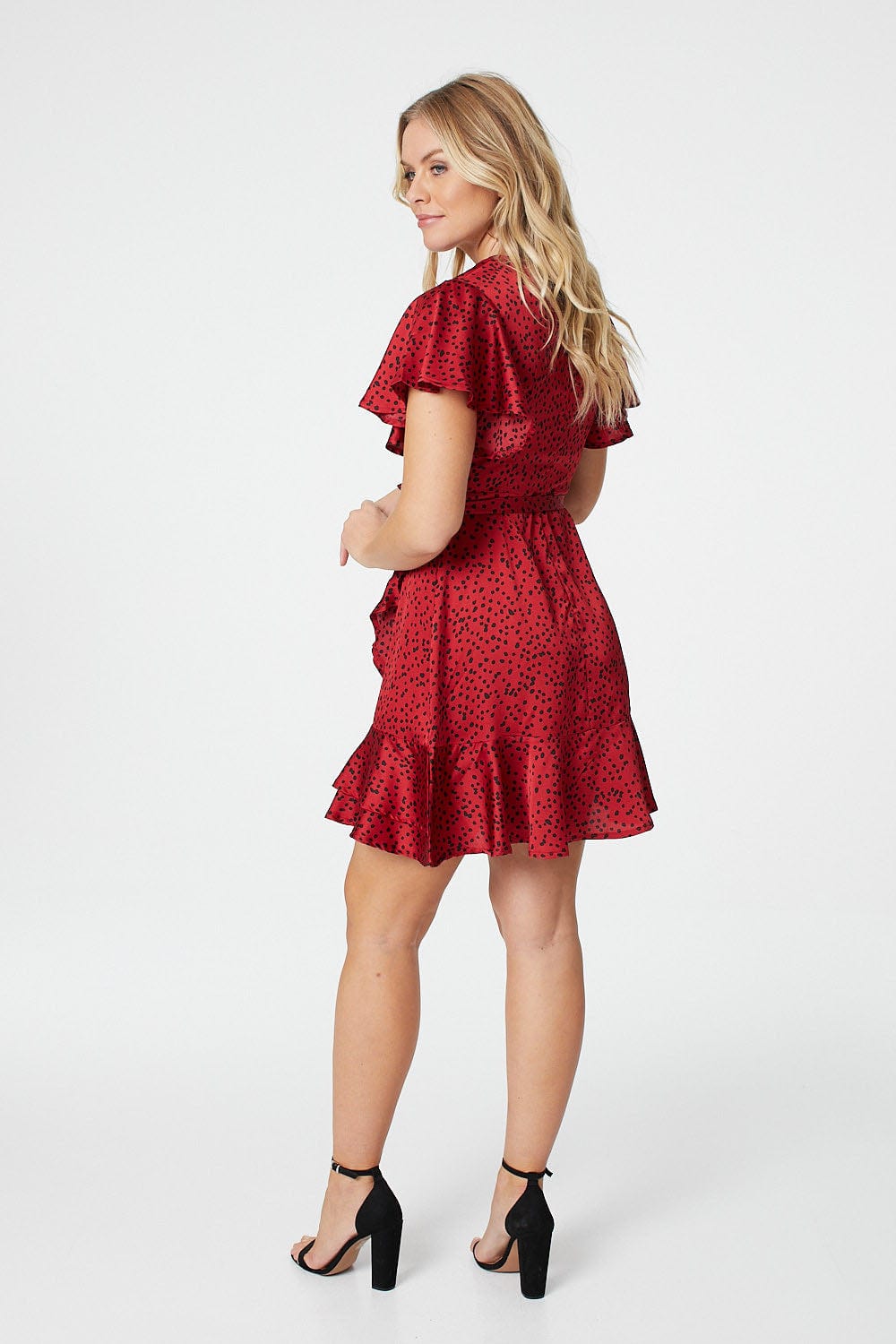 Red | Polka Dot Frilled Wrap Mini Dress
