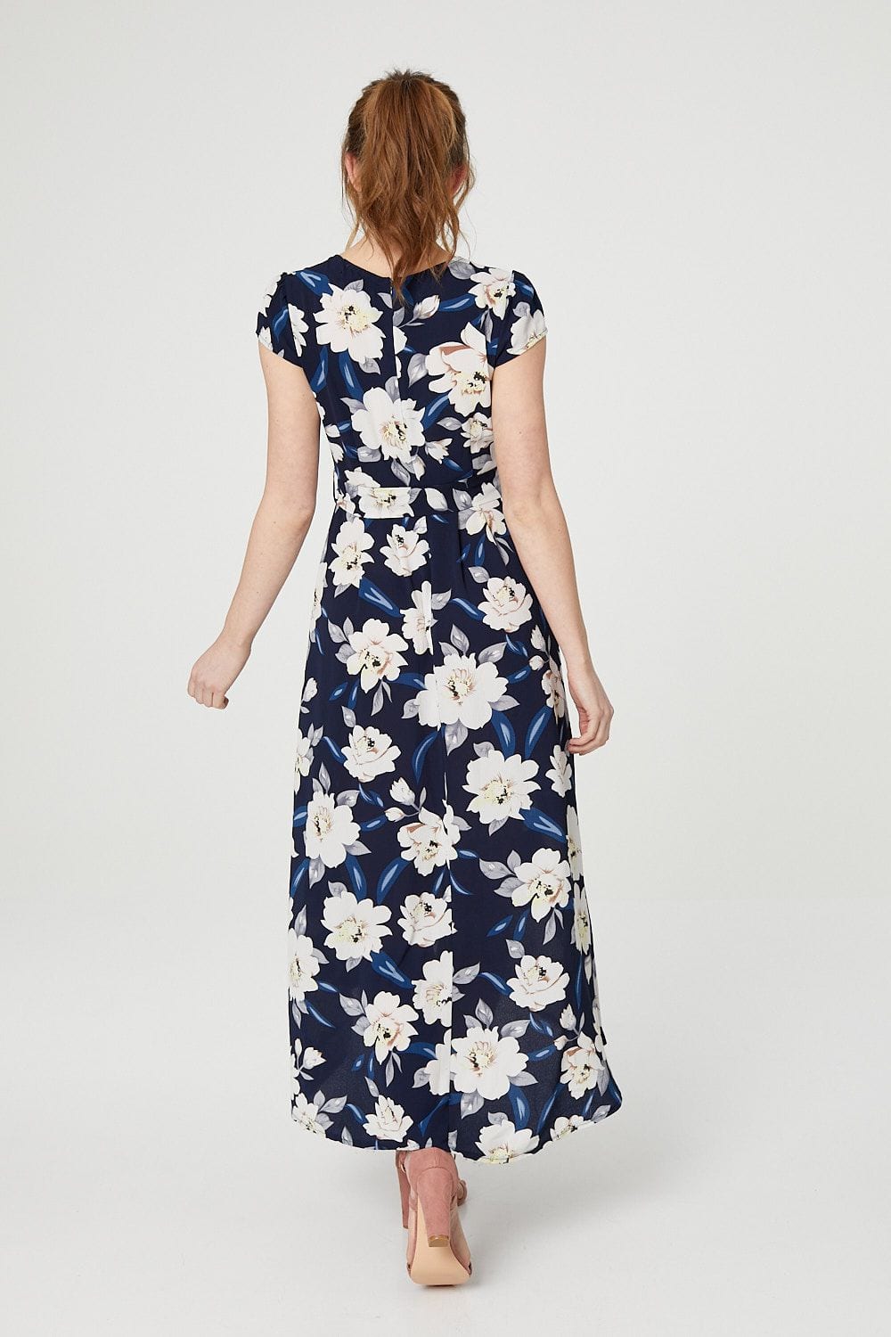 Navy | Floral V-Neck Midi Wrap Dress