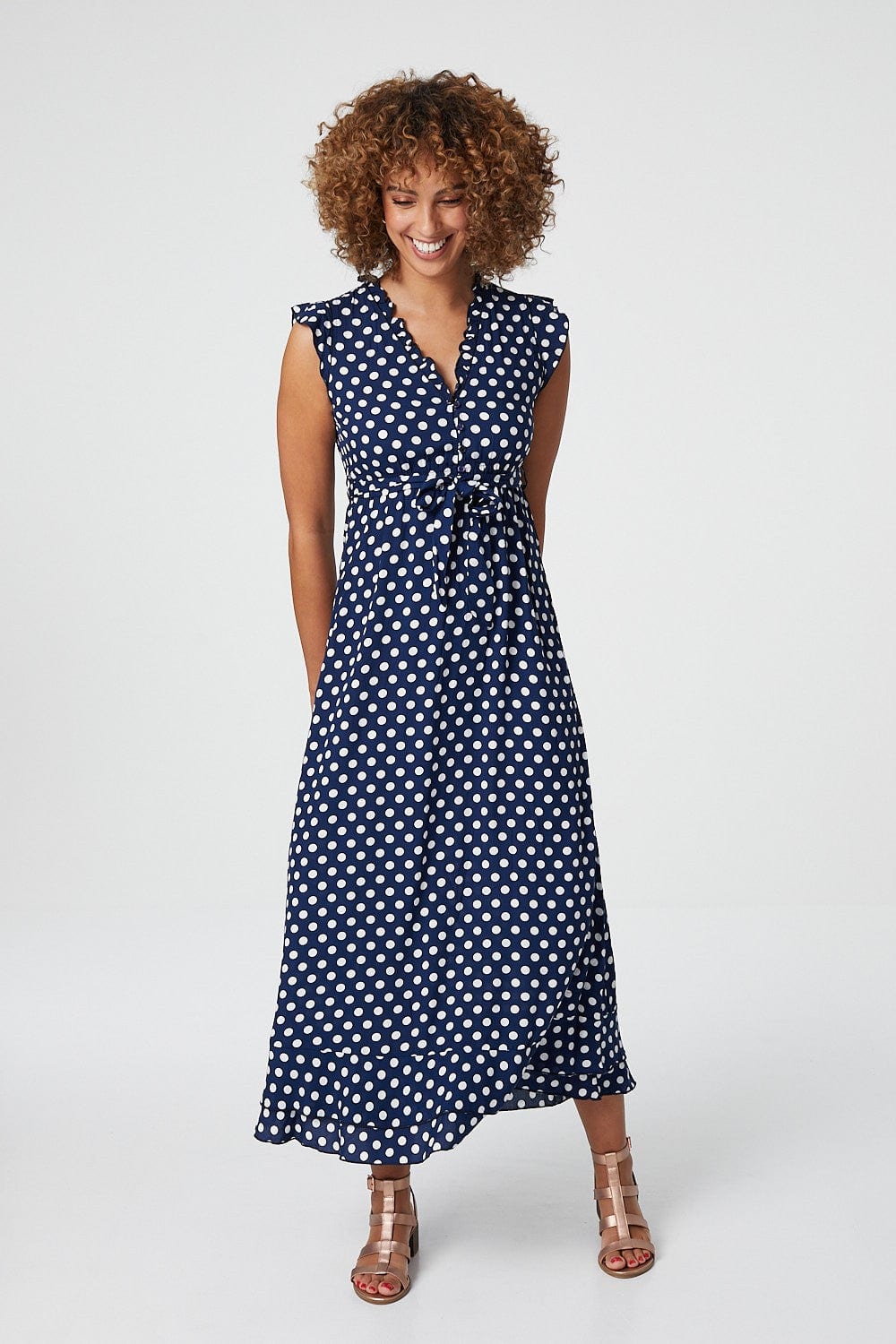 Navy | Polka Dot Sleeveless Midi Dress