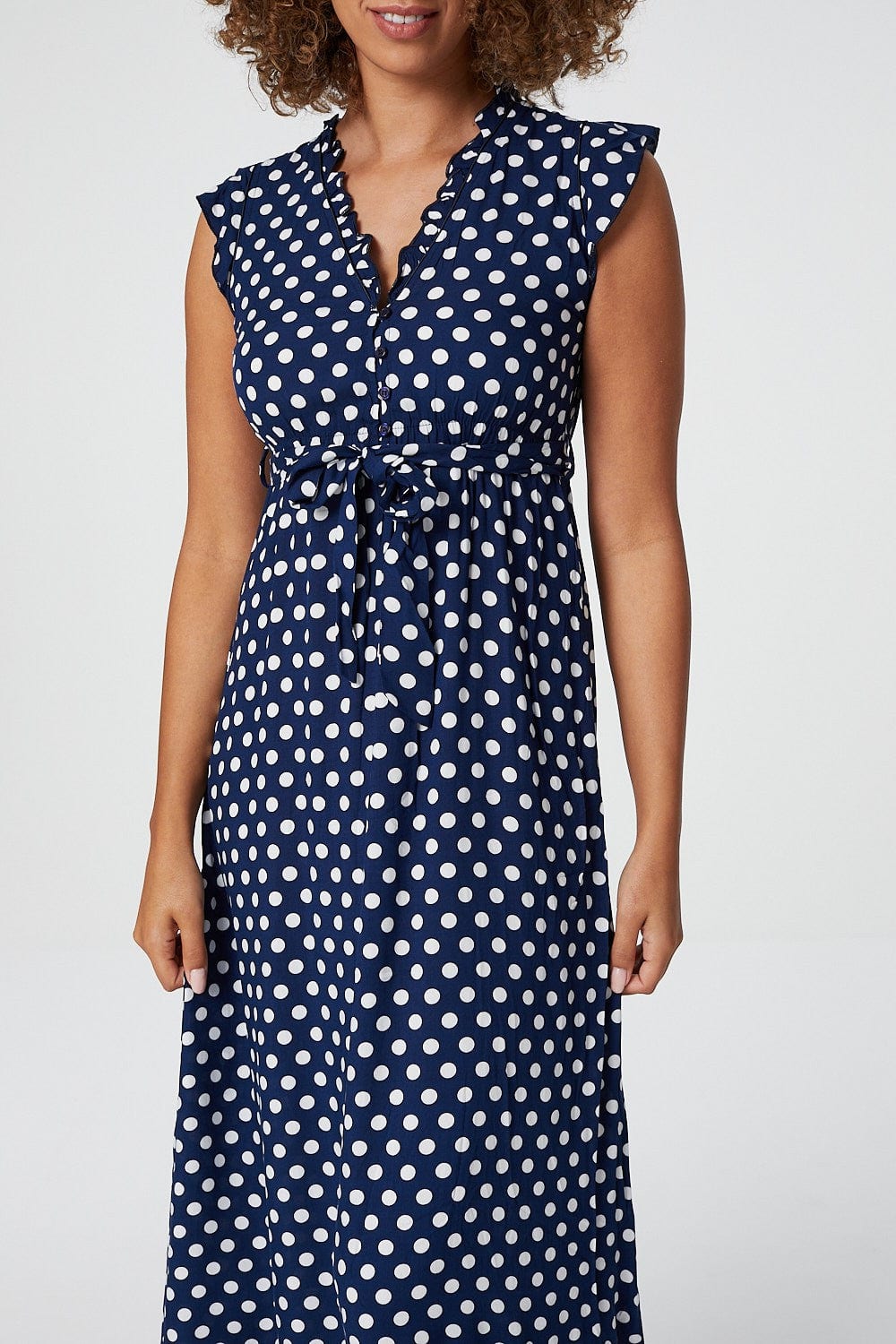 Navy | Polka Dot Sleeveless Midi Dress