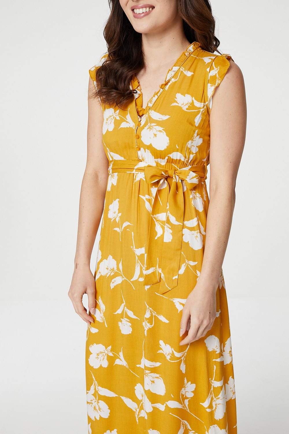 Mustard | Floral Sleeveless Empire Midi Dress