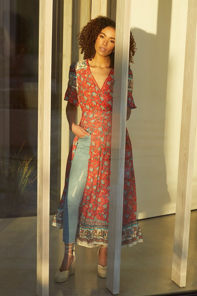 Red | Paisley Print Wrap Maxi Dress