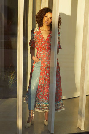Red | Paisley Print Wrap Maxi Dress