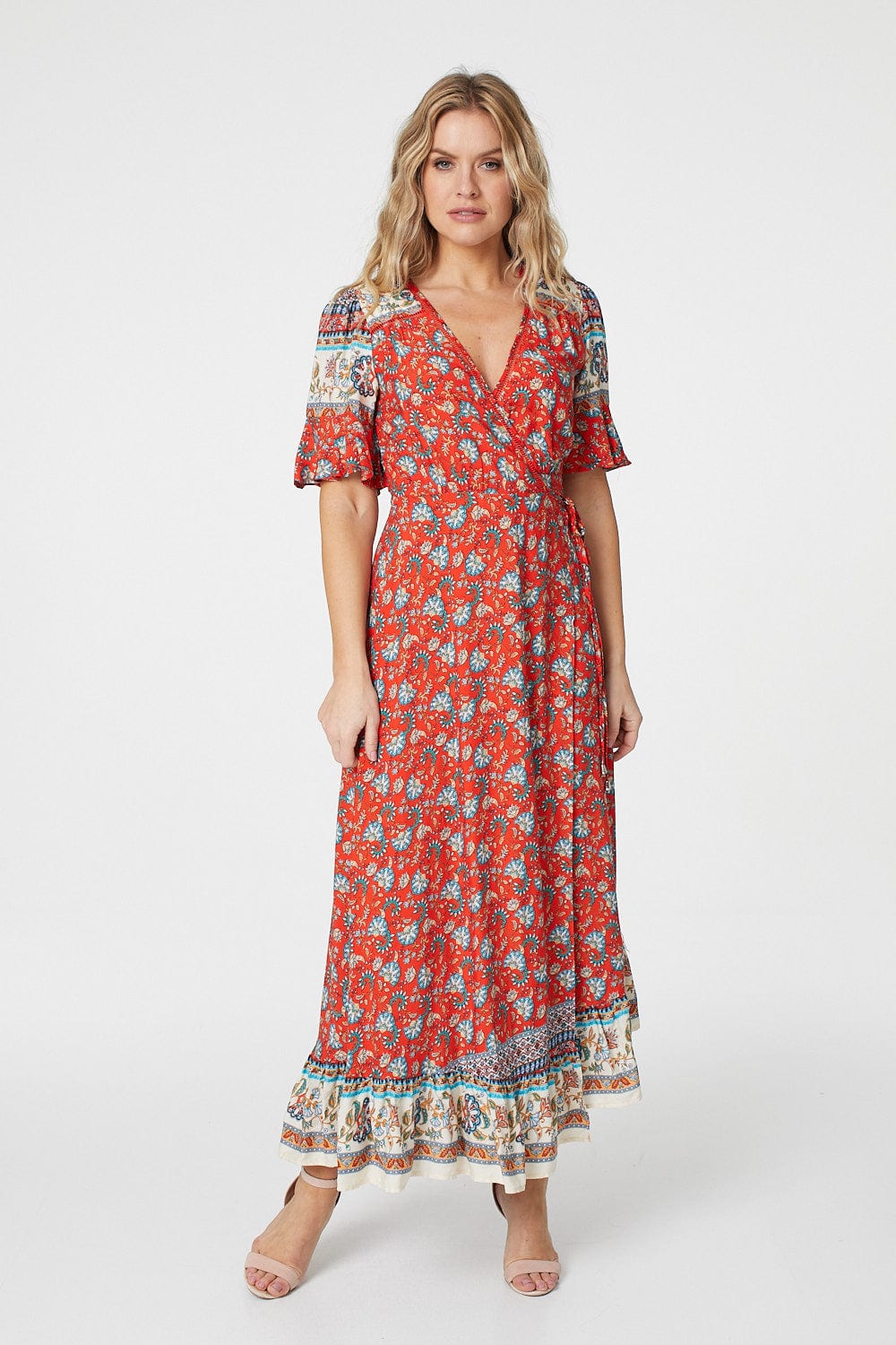 Red | Paisley Print Wrap Maxi Dress