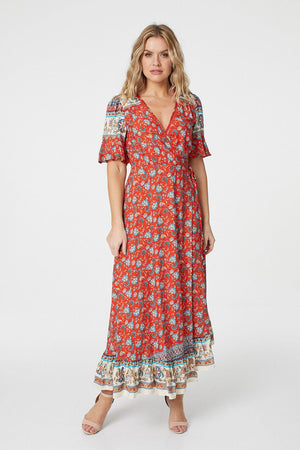 Red | Paisley Print Wrap Maxi Dress