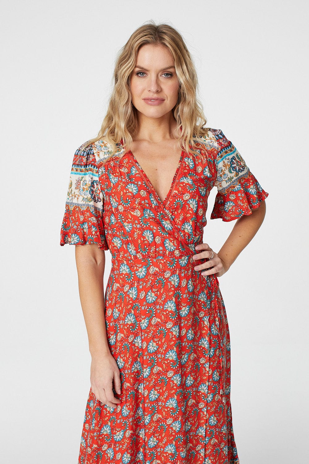 Red | Paisley Print Wrap Maxi Dress