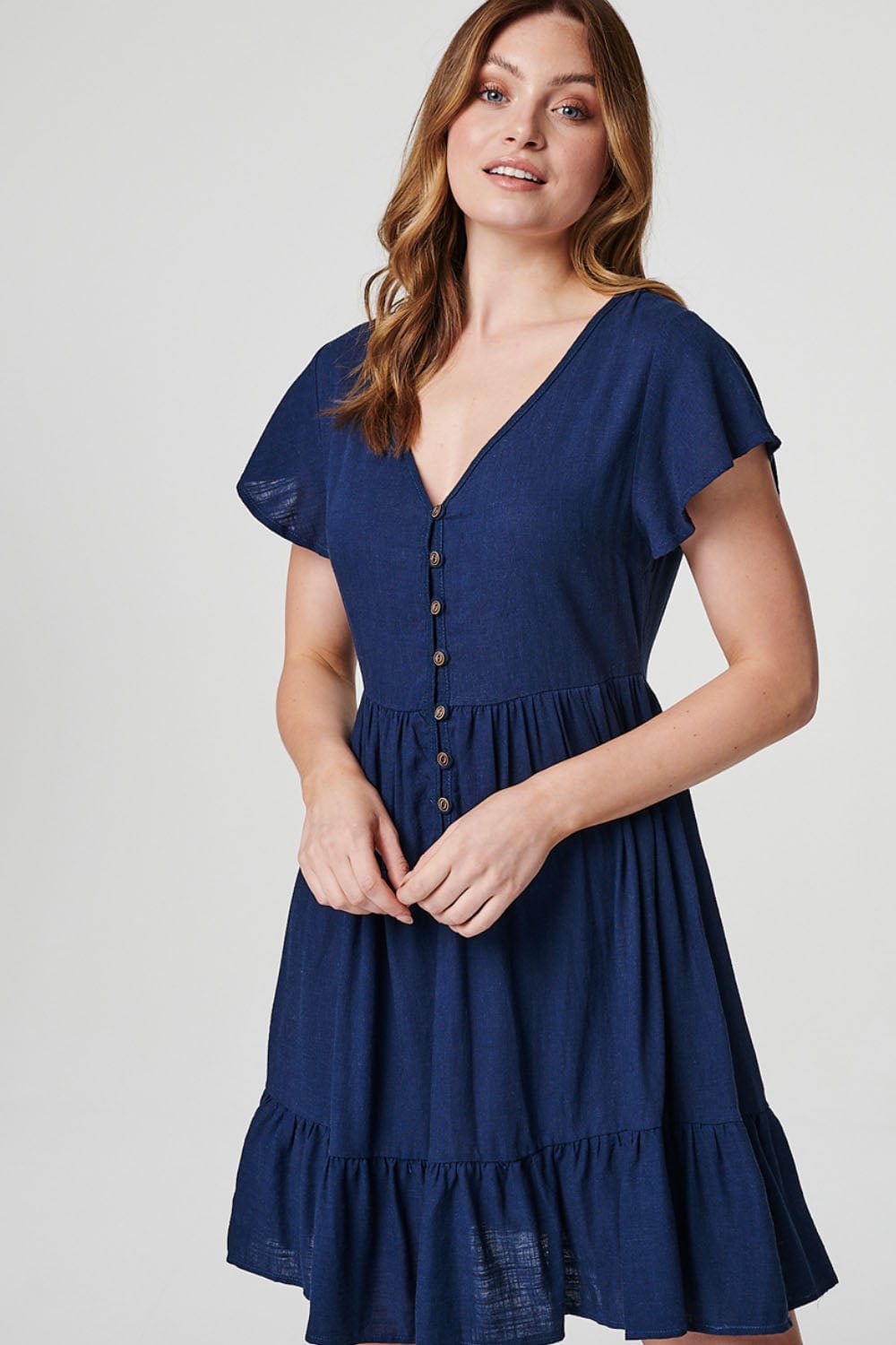 Navy | Button Front Short Sleeve Dress