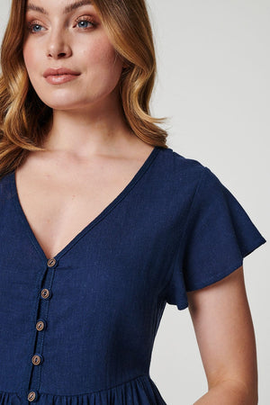 Navy | Button Front Short Sleeve Dress