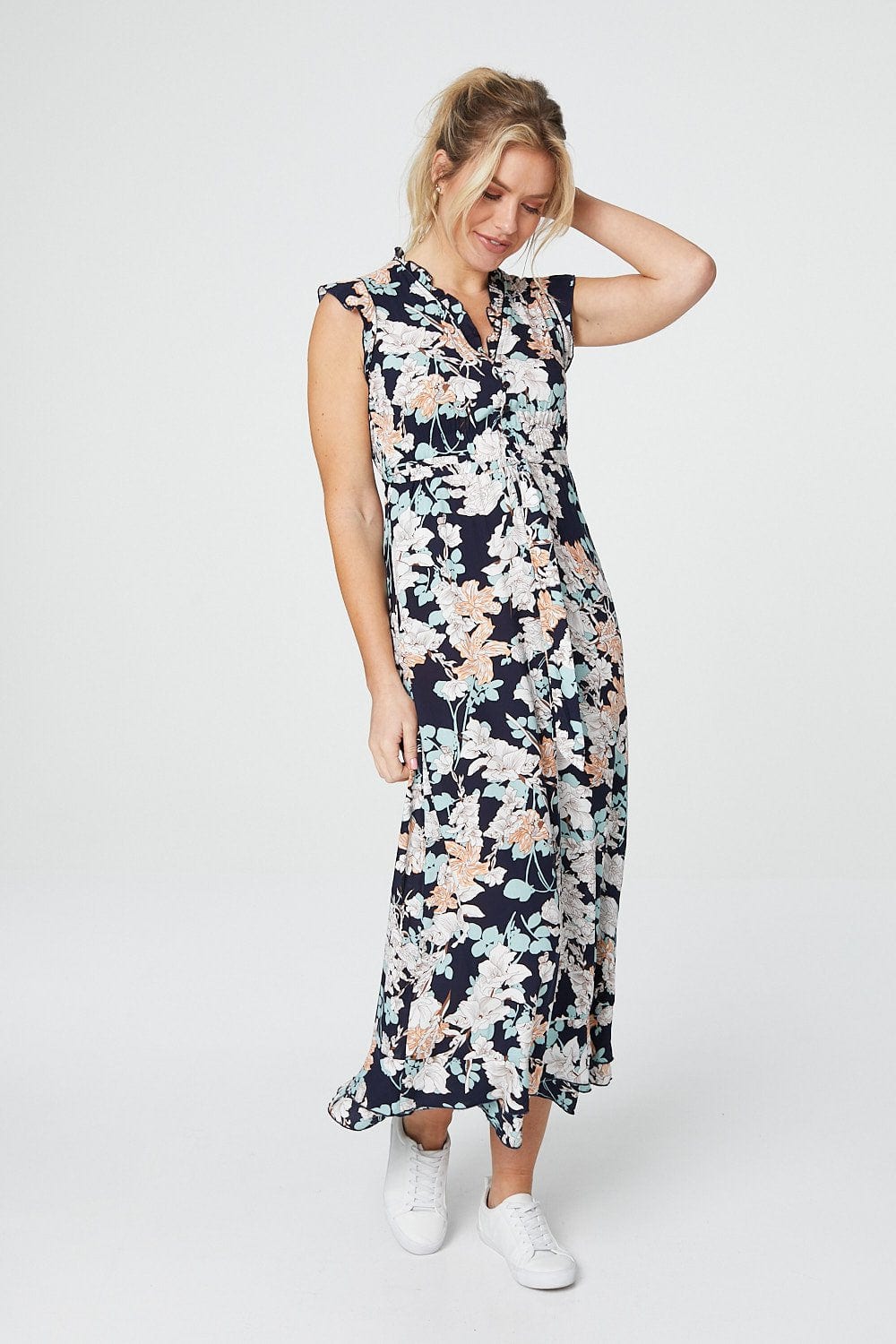 Navy | Floral Empire Waist Midi Dress