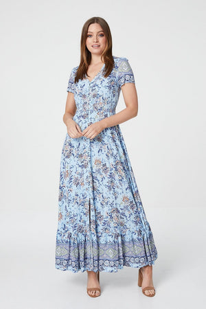 Blue | Floral V-Neck Button Front Maxi Dress : Model is 5'9"/175 cm and wears UK8/EU36/US4/AUS8