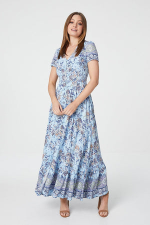 Blue | Floral V-Neck Button Front Maxi Dress