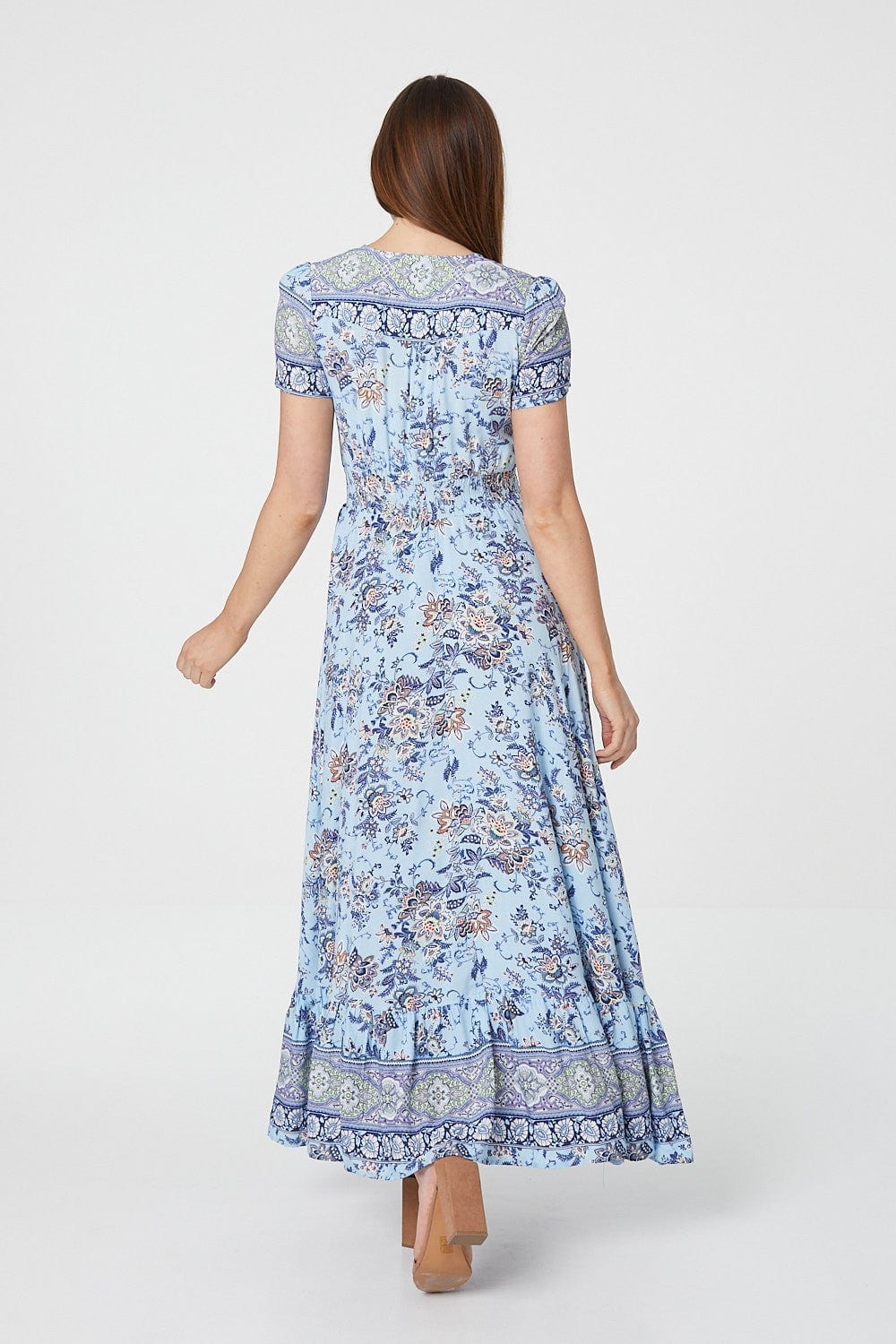 Blue | Floral V-Neck Button Front Maxi Dress