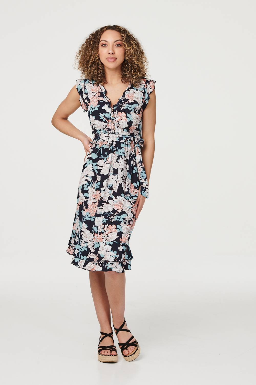 Navy | Floral V-Neck Sleeveless Sun Dress
