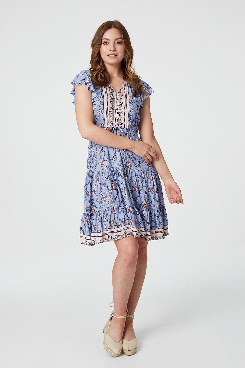 Blue | Floral Angel Sleeve Smock Dress
