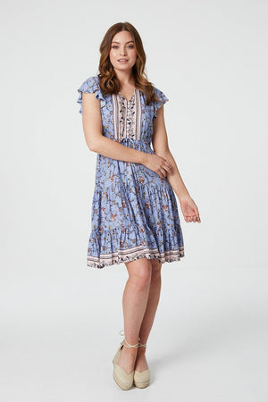 Blue | Floral Angel Sleeve Smock Dress