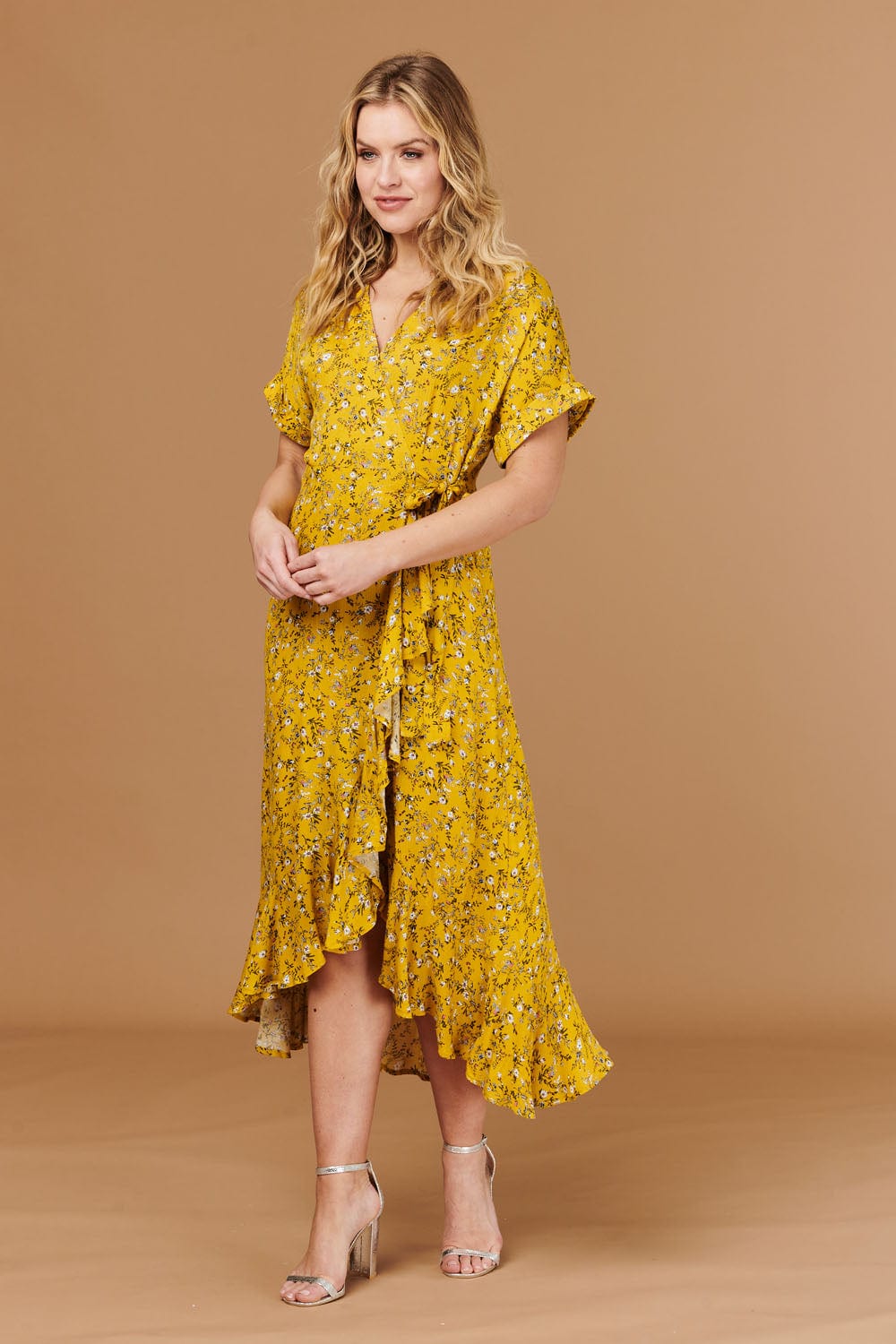 Mustard | Ditsy Floral Short Sleeve Wrap Dress
