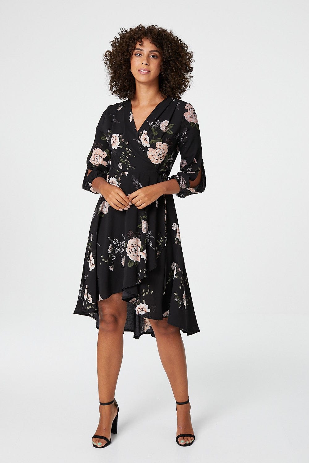 Black | Floral Long Sleeve Wrap Dress