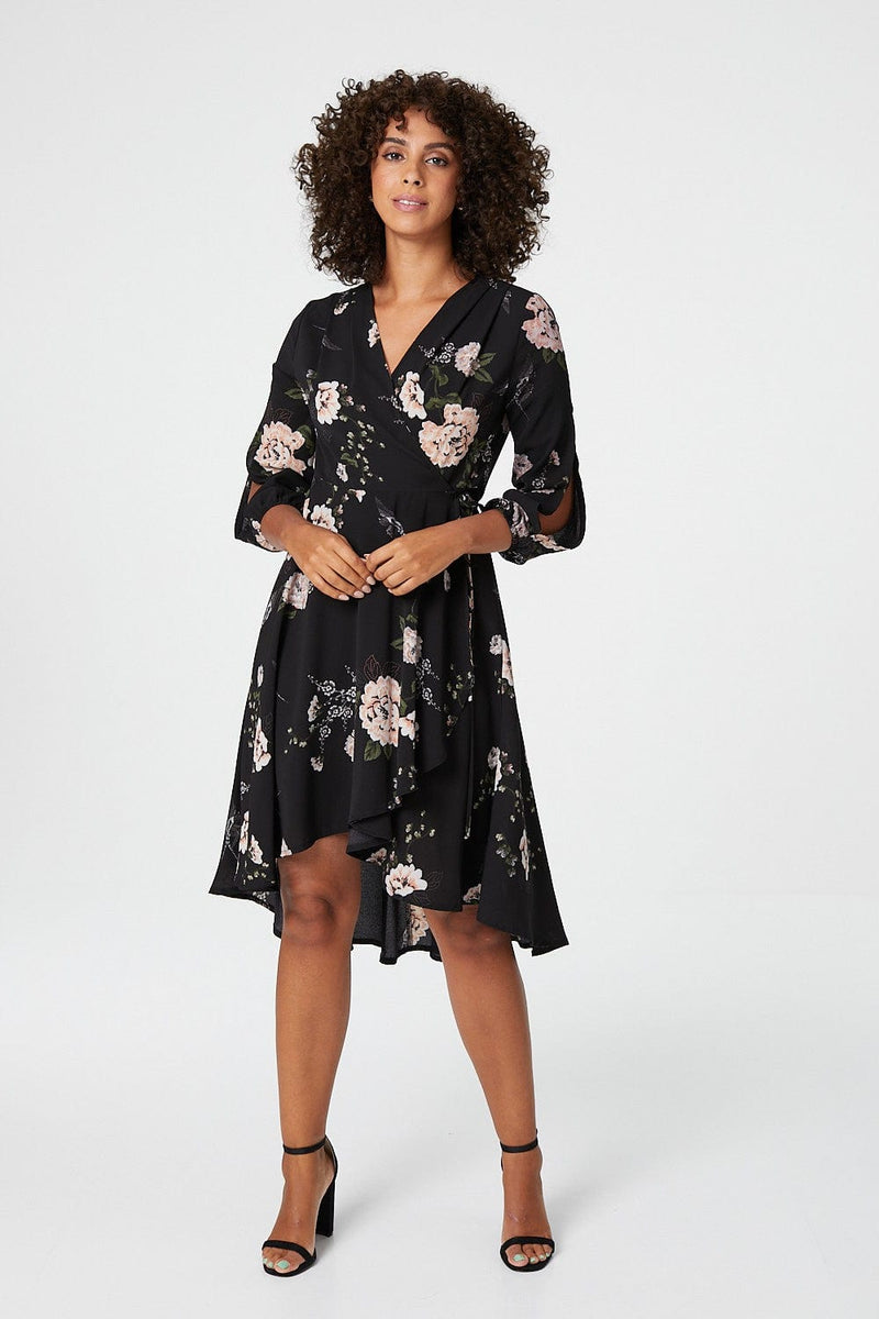 Floral Long Sleeve Wrap Dress