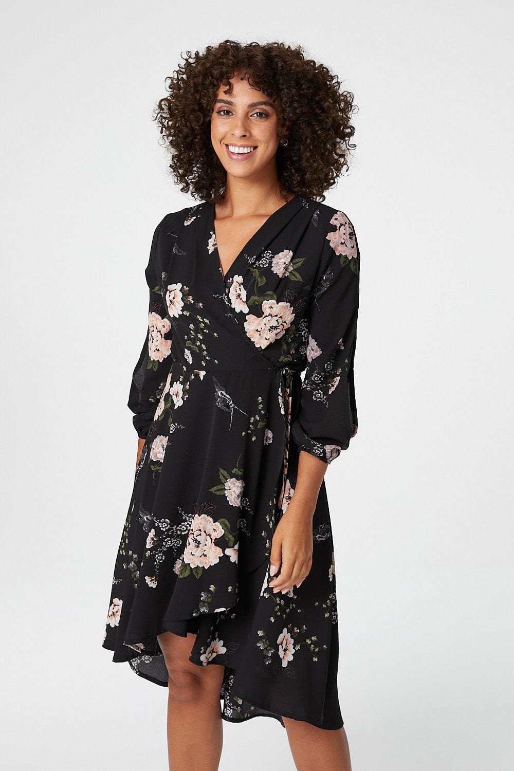Black | Floral Long Sleeve Wrap Dress