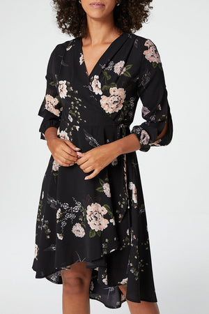 Black | Floral Long Sleeve Wrap Dress
