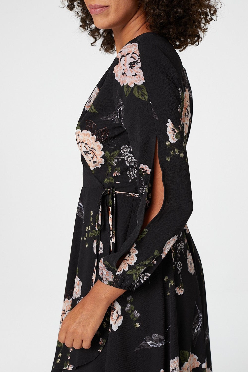 Black | Floral Long Sleeve Wrap Dress