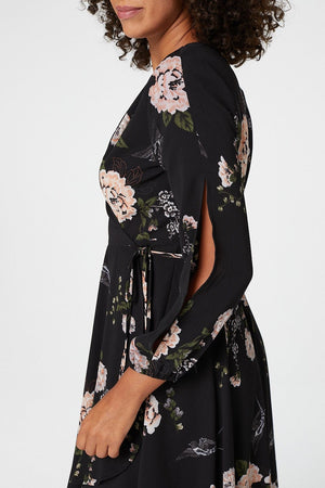 Black | Floral Long Sleeve Wrap Dress