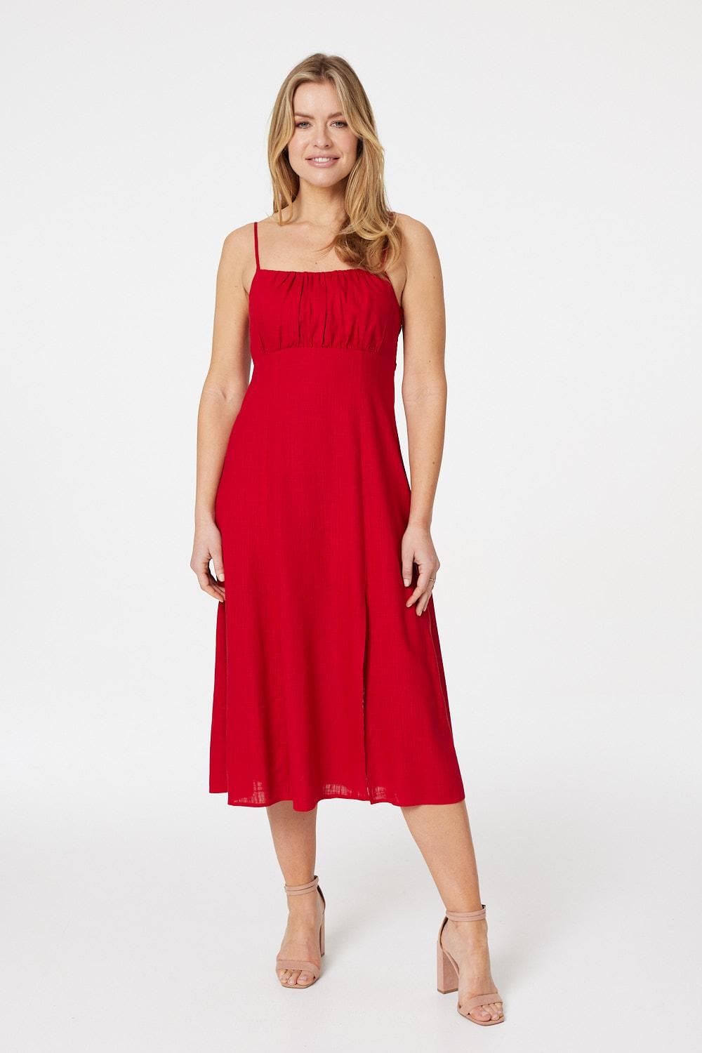Red | Linen Ruched Front Midi Dress : Model is 5'10"/178 cm and wears UK8/EU36/US4/AUS8