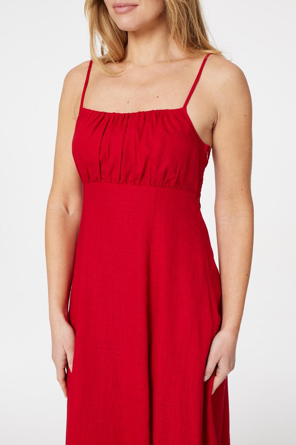 Red | Linen Ruched Front Midi Dress