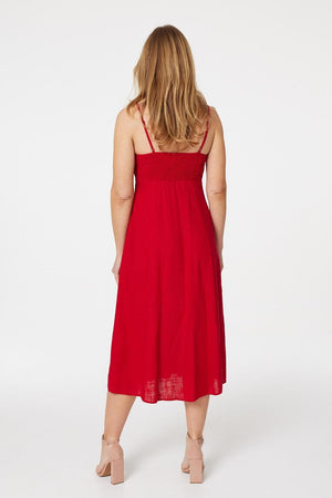 Red | Linen Ruched Front Midi Dress