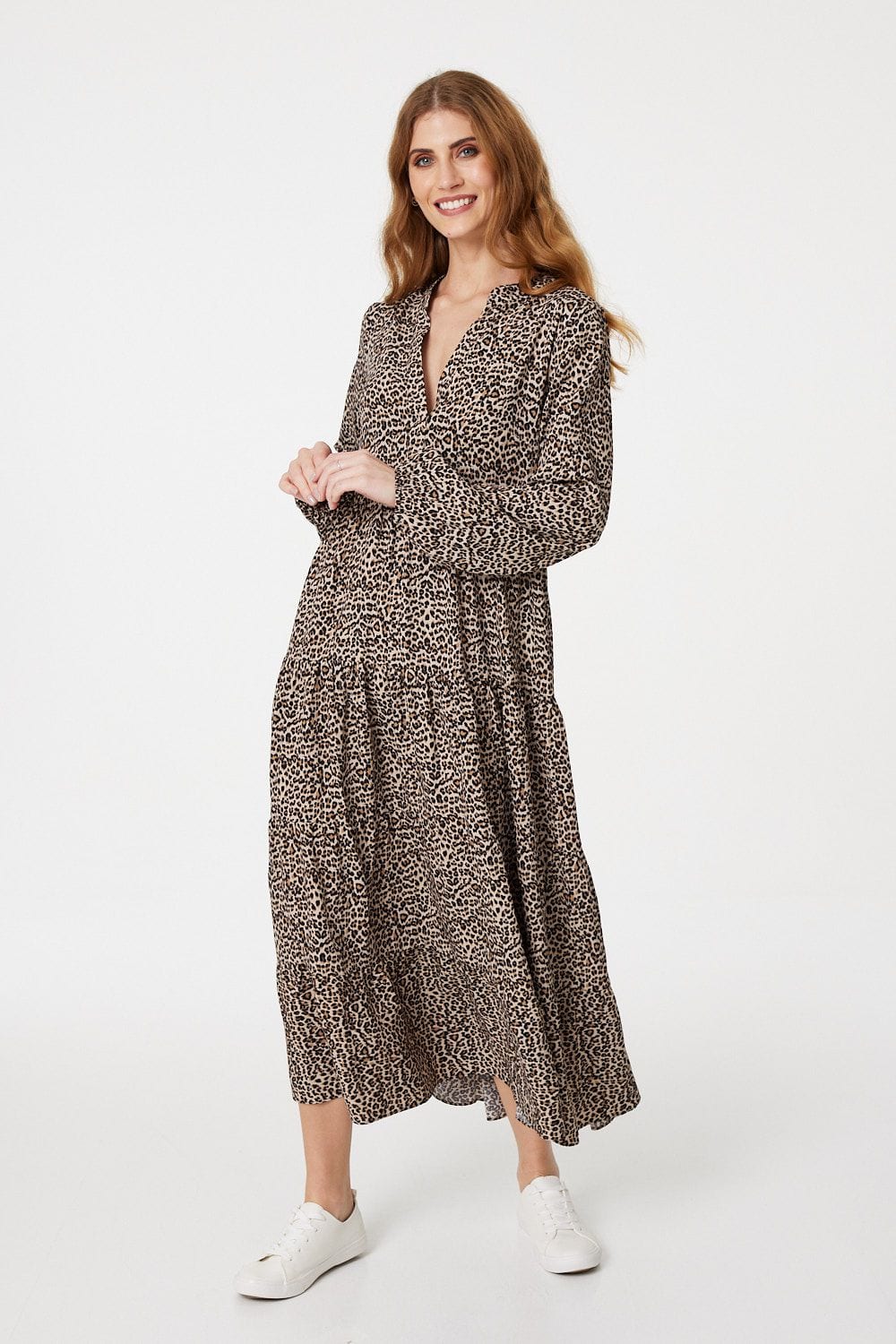 Brown | Animal Print V-Neck Smock Dress