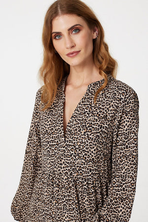 Brown | Animal Print V-Neck Smock Dress