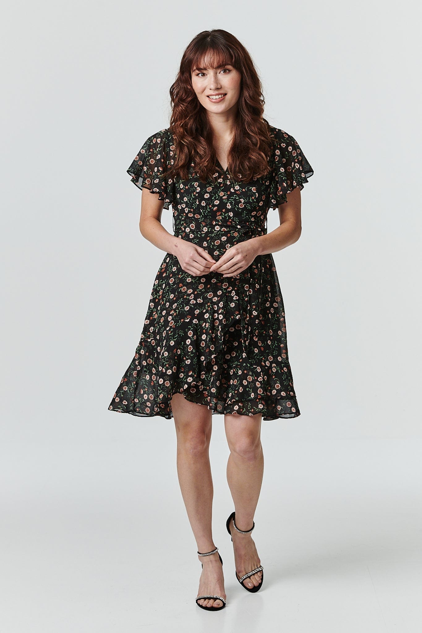 Black | Floral Wrap Front Dress