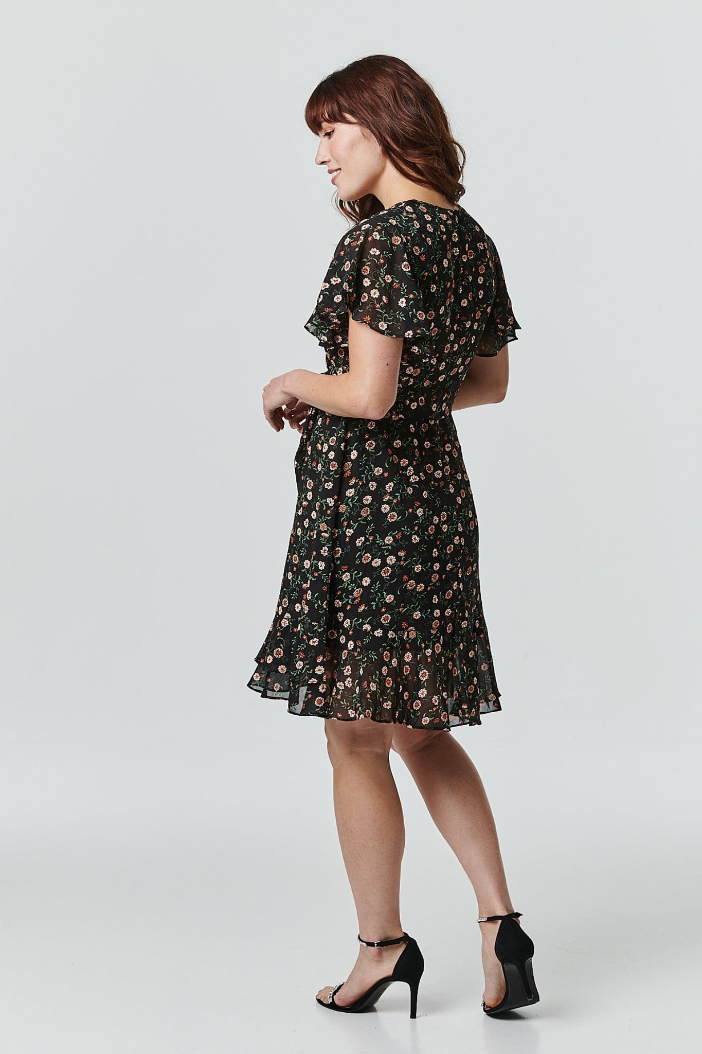 Black | Floral Wrap Front Dress
