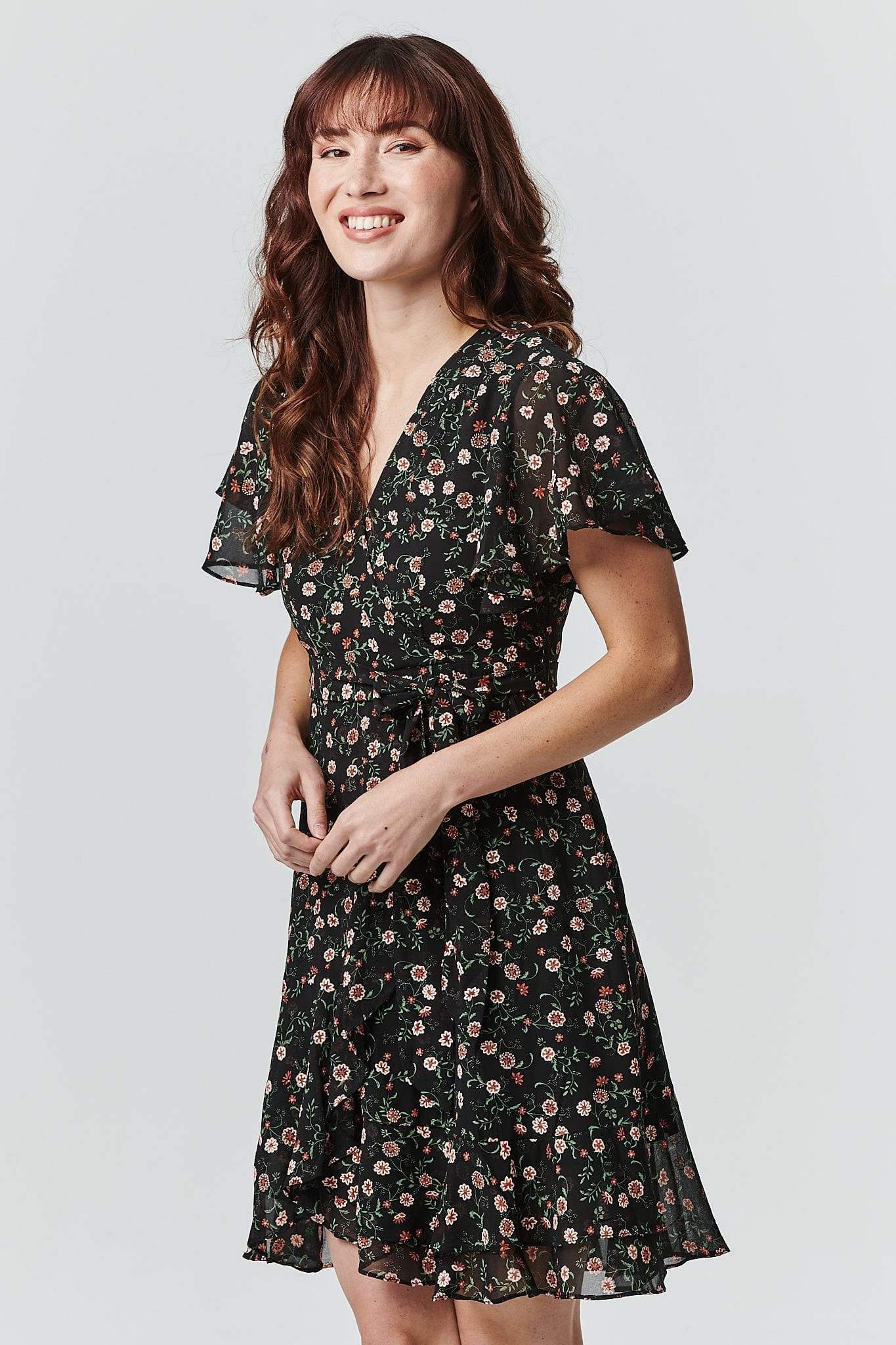 Black | Floral Wrap Front Dress