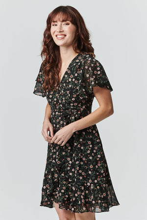 Black | Floral Wrap Front Dress