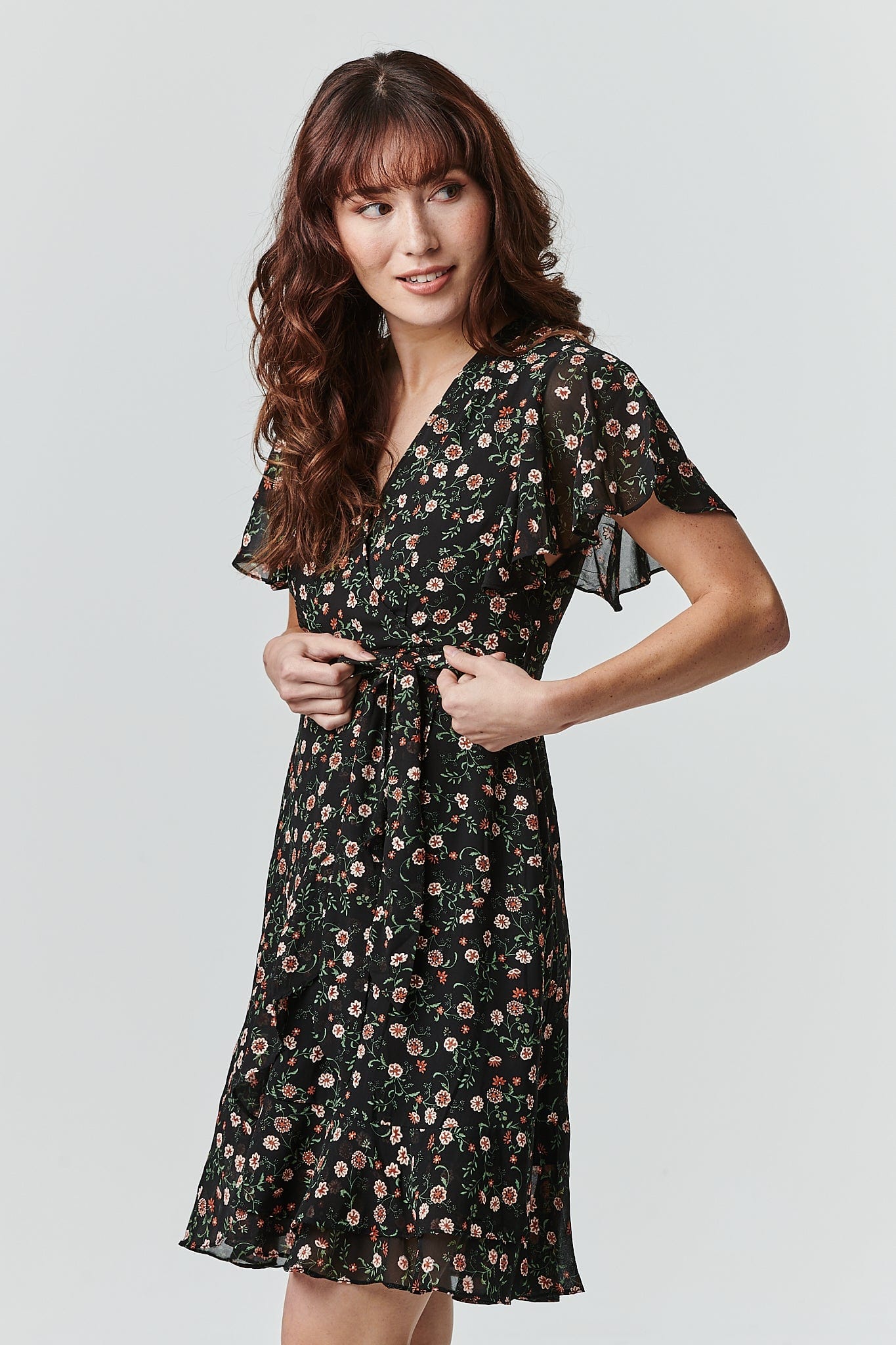Black | Floral Wrap Front Dress
